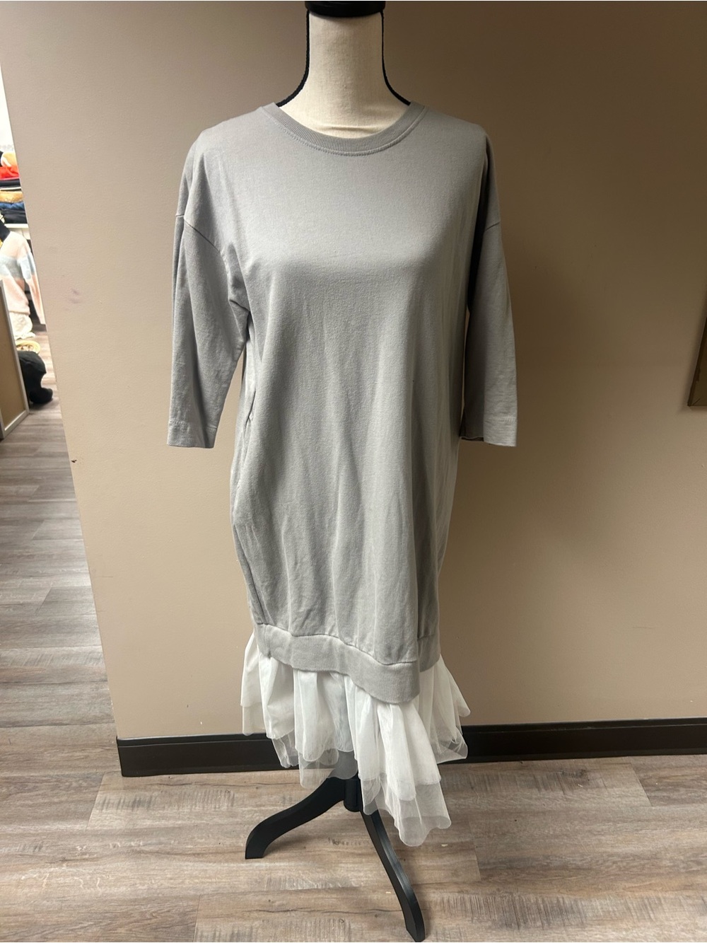 BiBi Light Gray Midi Dress with White Tulle Hem